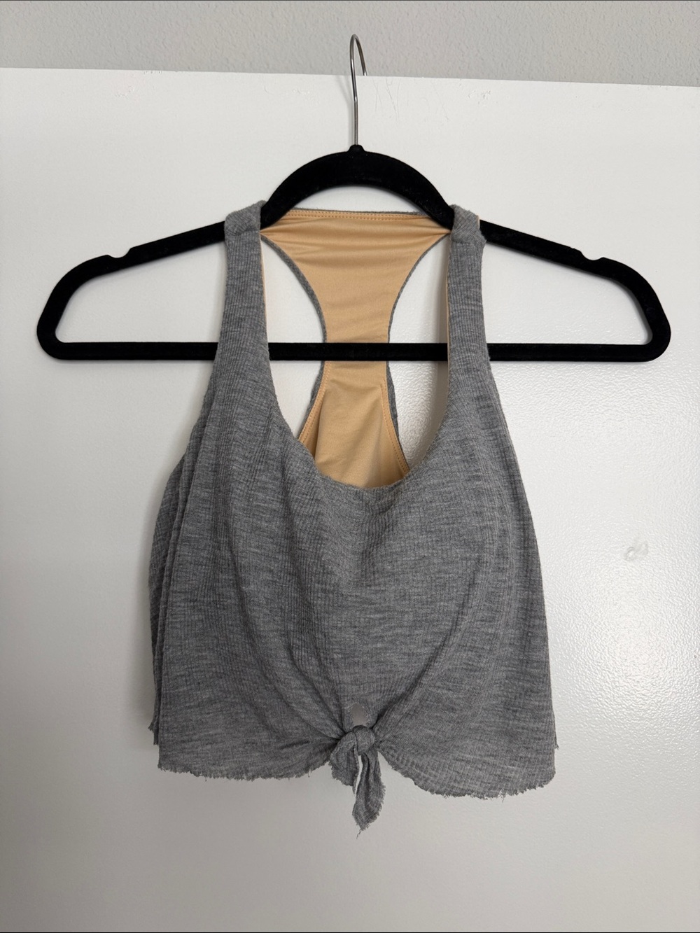Spiritual Gangster Gray Tie Front Racerback Crop Top Tan Liner